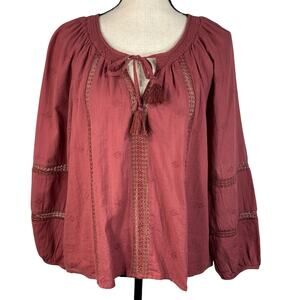 American Eagle Medium Top Semi-Sheer Crochet Keyhole Tassels Smocked Neck Cotton